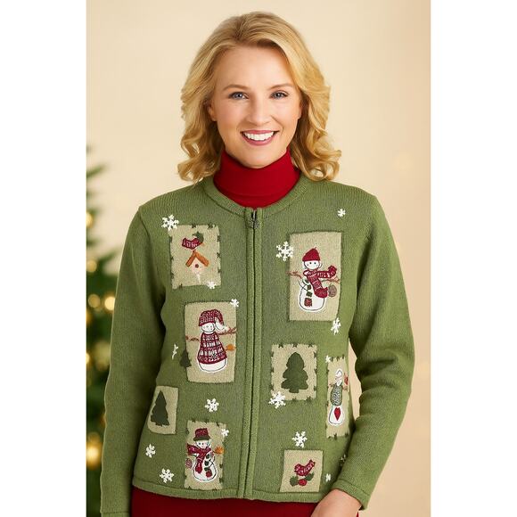 Vintage Croft and Barrow Embroidered Snowman Full Zip Cardigan Womans Medium - Picture 1 of 8